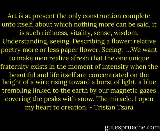 Art is at present the only construction complete unto itself, about which nothing more can be said, it is such richness, vitality, sense, wisdom. Understanding, seeing. Describing a flower: relative poetry more or less paper flower. Seeing.<br /><br />…We want to make men realize afresh that the one unique fraternity exists in the moment of intensity when the beautiful and life itself are concentrated on the height of a wire rising toward a burst of light, a blue trembling linked to the earth by our magnetic gazes covering the peaks with snow. The miracle. I open my heart to creation. - Tristan Tzara