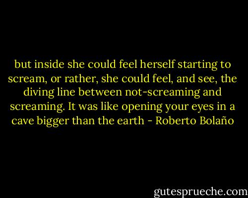 but inside she could feel herself starting to scream, or rather, she could feel, and see, the diving line between not-screaming and screaming. It was like opening your eyes in a cave bigger than the earth - Roberto Bolaño