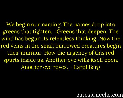 We begin our naming.<br />The names drop into greens that tighten.<br /> <br />Greens that deepen. The wind<br />has begun its relentless thinking.<br />Now the red veins in the small burrowed<br />creatures begin their murmur.<br />How the urgency of this red spurts inside us.<br />Another eye wills itself open. Another eye roves. - Carol Berg