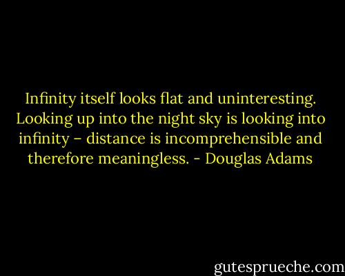Infinity itself looks flat and uninteresting. Looking up into the night sky is looking into infinity – distance is incomprehensible and therefore meaningless. - Douglas Adams