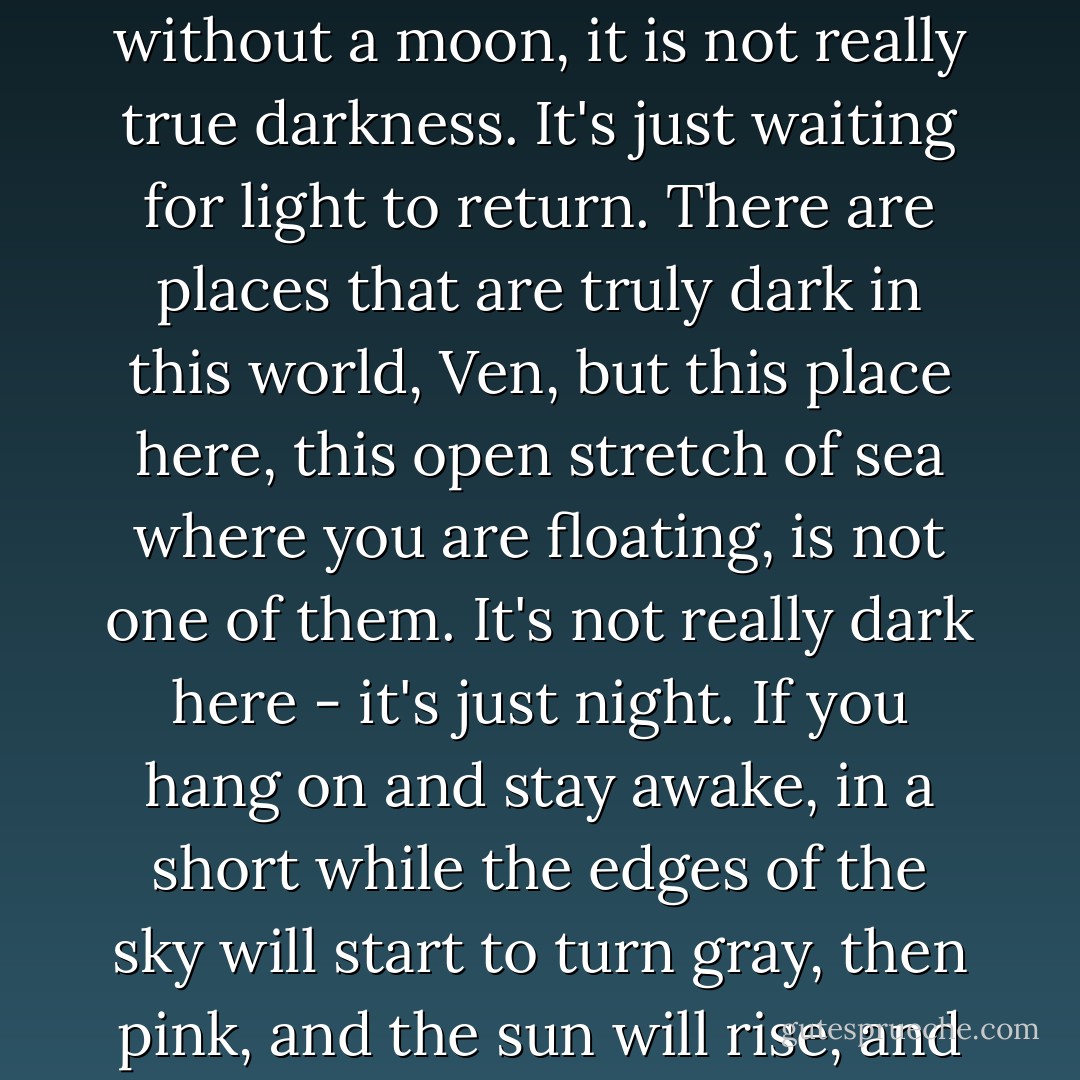 So now you know that, as dark as the depths of the sea may be, as dark as the night gets without a moon, it is not really true darkness. It's just waiting for light to return. There are places that are truly dark in this world, Ven, but this place here, this open stretch of sea where you are floating, is not one of them. It's not really dark here - it's just night. If you hang on and stay awake, in a short while the edges of the sky will start to turn gray, then pink, and the sun will rise, and there will be blue above and all around you again. - Elizabeth Haydon