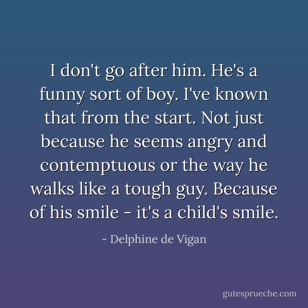 I don't go after him. He's a funny sort of boy. I've known that from the start. Not just because he seems angry and contemptuous or the way he walks like a tough guy. Because of his smile - it's a child's smile. - Delphine de Vigan