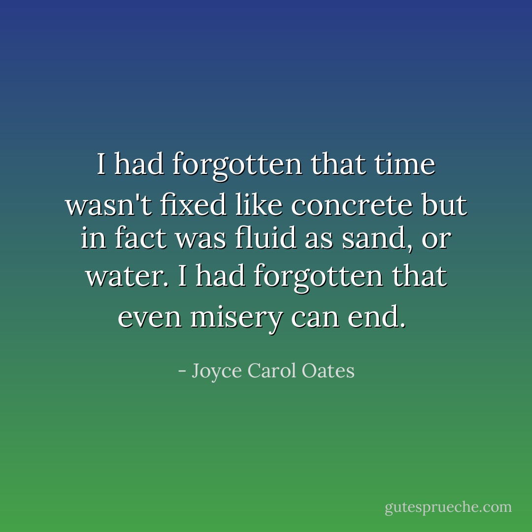 I had forgotten that time wasn't fixed like concrete but in fact was fluid as sand, or water. I had forgotten that even misery can end.  - Joyce Carol Oates