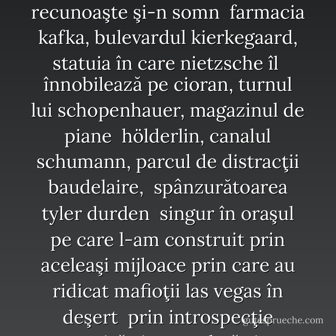 mă plimb singur prin oraşul pe care l-am întemeiat<br /><br />l-aş recunoaşte şi-n somn<br /><br />farmacia kafka, bulevardul kierkegaard, statuia în care nietzsche îl <br />înnobilează pe cioran, turnul lui schopenhauer, magazinul de piane <br />hölderlin, canalul schumann, parcul de distracţii baudelaire, <br />spânzurătoarea tyler durden<br /><br />singur în oraşul pe care l-am construit prin aceleaşi mijloace prin care au ridicat mafioţii las vegas în deşert<br /><br />prin introspecţie progresivă şi controlată<br />singur - Ştefan Bolea