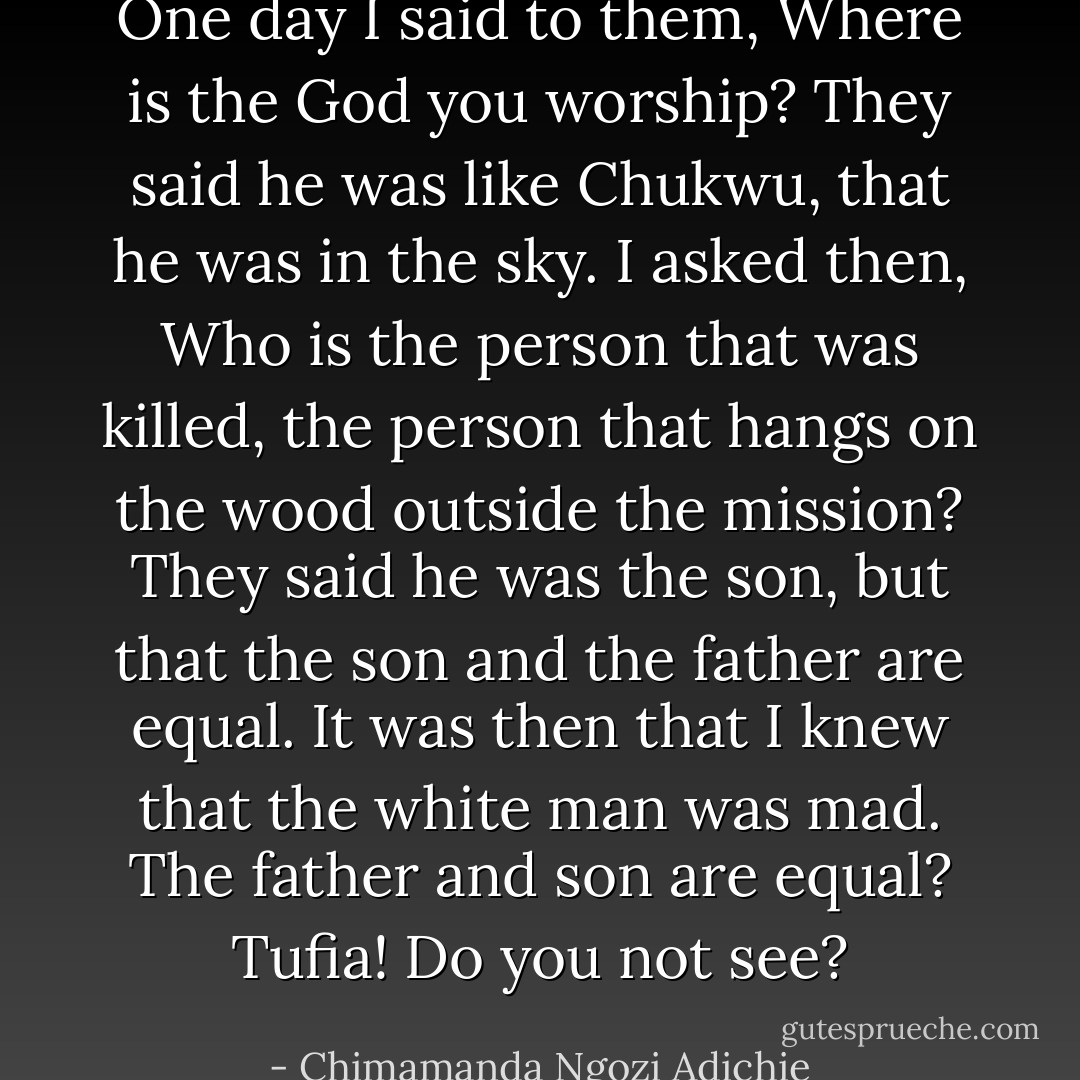 One day I said to them, Where is the God you worship? They said he was like Chukwu, that he was in the sky. I asked then, Who is the person that was killed, the person that hangs on the wood outside the mission? They said he was the son, but that the son and the father are equal. It was then that I knew that the white man was mad. The father and son are equal? Tufia! Do you not see? - Chimamanda Ngozi Adichie
