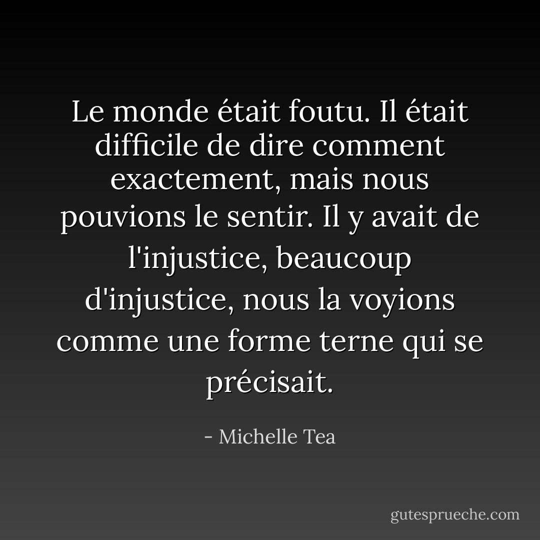 Le monde était foutu. Il était difficile de dire comment exactement, mais nous pouvions le sentir. Il y avait de l'injustice, beaucoup d'injustice, nous la voyions comme une forme terne qui se précisait. - Michelle Tea