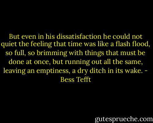 But even in his dissatisfaction he could not quiet the feeling that time was like a flash flood, so full, so brimming with things that must be done at once, but running out all the same, leaving an emptiness, a dry ditch in its wake. - Bess Tefft