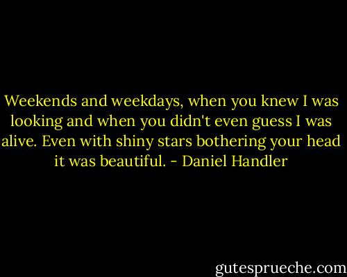 Weekends and weekdays, when you knew I was looking and when you didn't even guess I was alive. Even with shiny stars bothering your head it was beautiful. - Daniel Handler