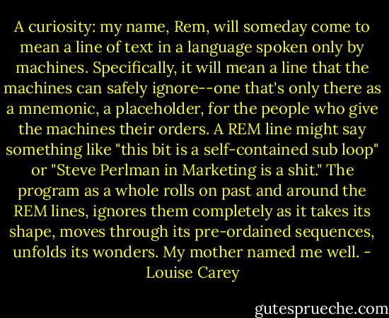 A curiosity: my name, Rem, will someday come to mean a line of text in a language spoken only by machines. Specifically, it will mean a line that the machines can safely ignore--one that's only there as a mnemonic, a placeholder, for the people who give the machines their orders. A REM line might say something like "this bit is a self-contained sub loop" or "Steve Perlman in Marketing is a shit." The program as a whole rolls on past and around the REM lines, ignores them completely as it takes its shape, moves through its pre-ordained sequences, unfolds its wonders. My mother named me well. - Louise Carey