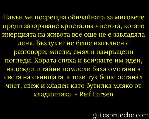 Навън ме посрещна обичайната за миговете преди зазоряване кристална чистота, когато инерцията на живота все още не е завладяла деня. Въздухът не беше изпълнен с разговори, мисли, смях и намръщени погледи. Хората спяха и всичките им идеи, надежди и тайни помисли бяха омотани в света на сънищата, а този тук беше останал чист, свеж и хладен като бутилка мляко от хладилника. - Reif Larsen