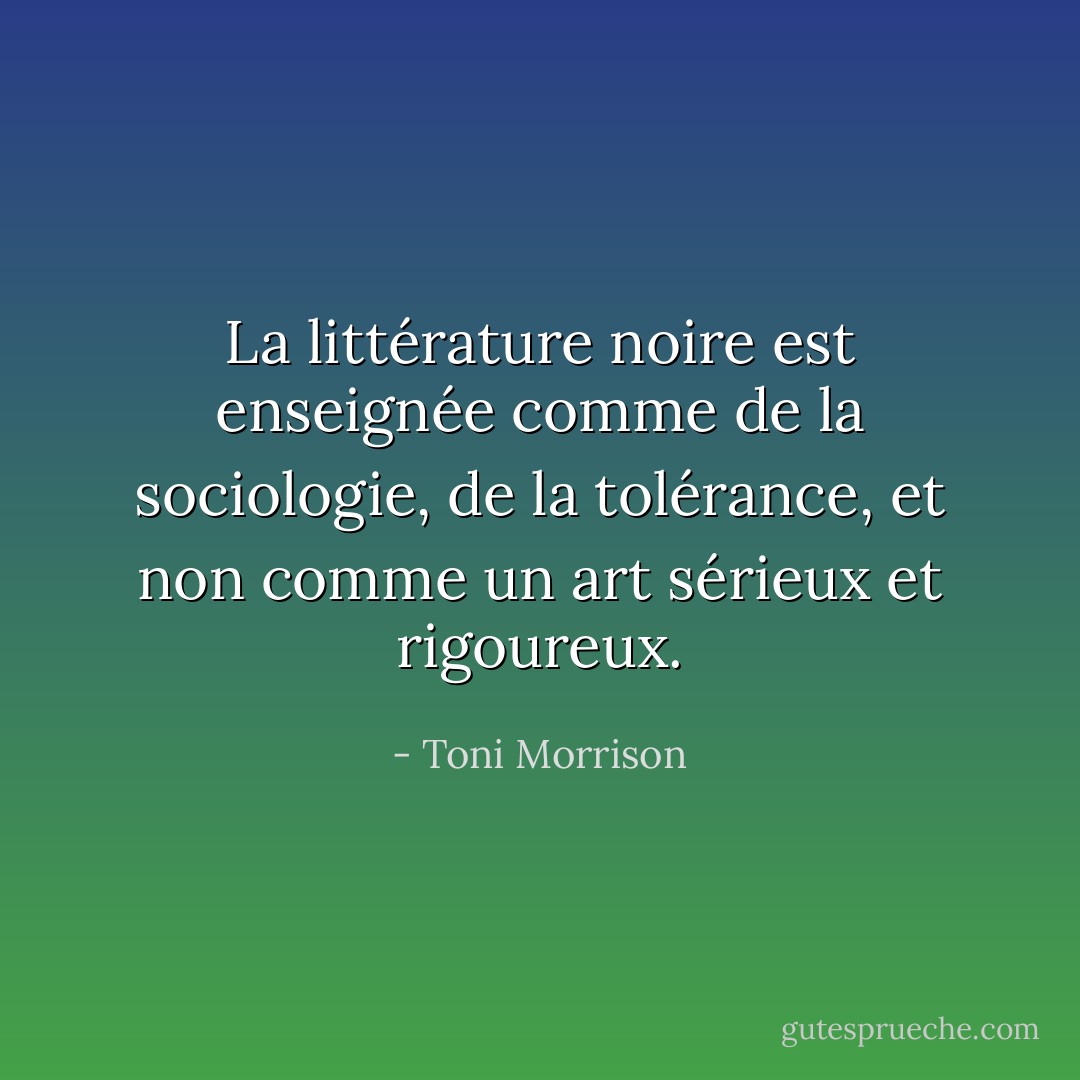 La littérature noire est enseignée comme de la sociologie, de la tolérance, et non comme un art sérieux et rigoureux. - Toni Morrison