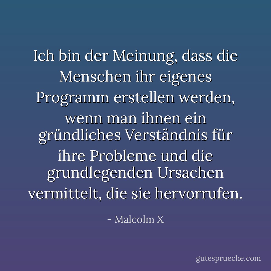 Ich bin der Meinung, dass die Menschen ihr eigenes Programm erstellen werden, wenn man ihnen ein gründliches Verständnis für ihre Probleme und die grundlegenden Ursachen vermittelt, die sie hervorrufen. - Malcolm X<
