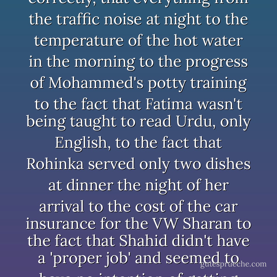 That was the main thing wrong with Mrs. Kamal. She spent such an extraordinary amount of mental energy feeling irritated that it was impossible not to feel irritated in turn. It was oxygen to her, this low-grade dissatisfaction, shading into anger; this sense that things weren't being done correctly, that everything from the traffic noise at night to the temperature of the hot water in the morning to the progress of Mohammed's potty training to the fact that Fatima wasn't being taught to read Urdu, only English, to the fact that Rohinka served only two dishes at dinner the night of her arrival to the cost of the car insurance for the VW Sharan to the fact that Shahid didn't have a 'proper job' and seemed to have no intention of getting one, let alone a wife, to the unfriendliness of London, the fact that it was an 'impossible city,' to the ostentatious way she complained about missing Lahore, especially at dinner time, giving meaningful, sad, reproachful looks at the food Rohinka had cooked. - John Lanchester
