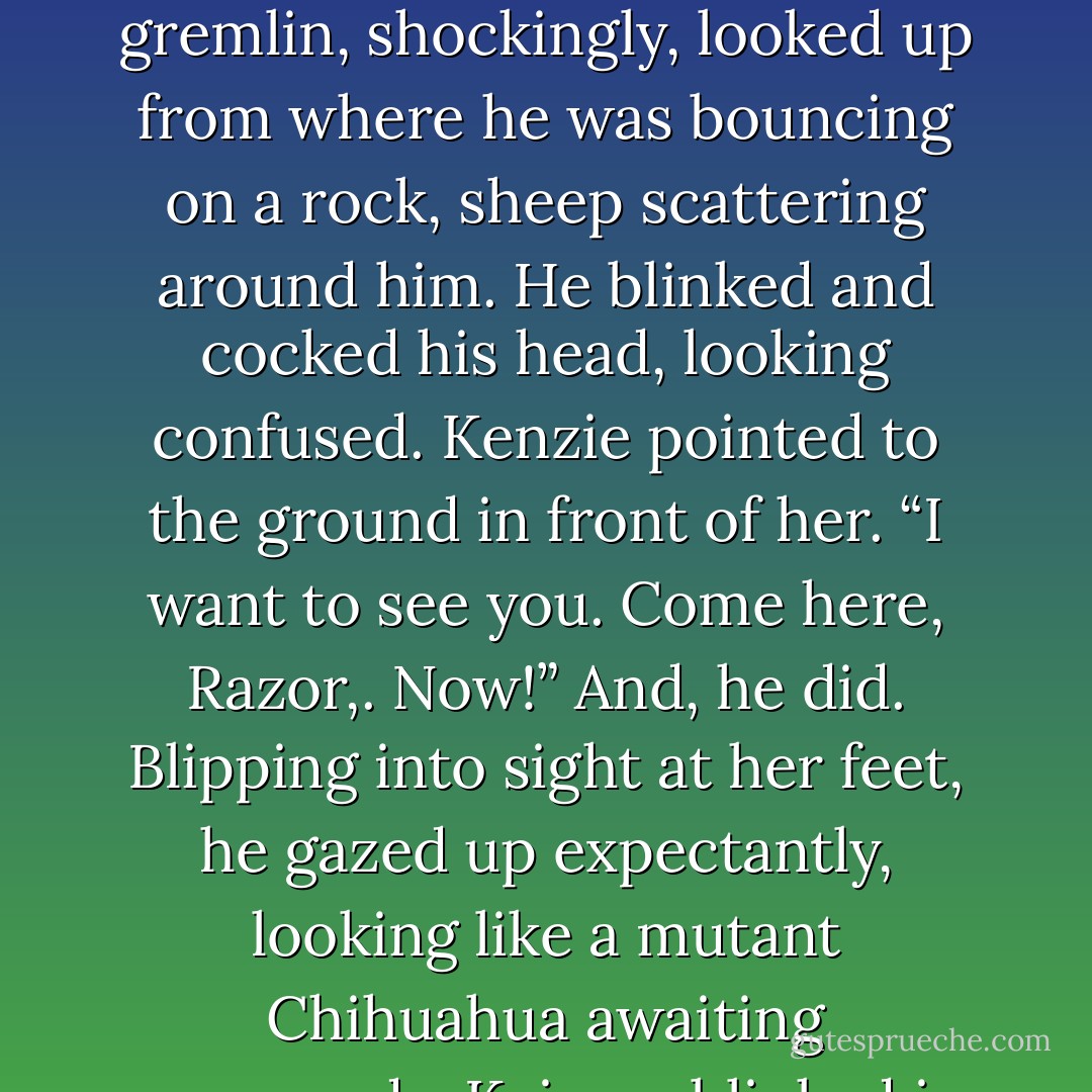 Huh,” she said in a neutral voice, then looked out over the pasture again, at the sheep racing through the grass like frantic clouds. A defiant expression crossed her face, and she took a breath.<br />“Razor!” she barked, making Keirran jump. “No! Bad gremlin! You stop that, right now!”<br />The gremlin, shockingly, looked up from where he was bouncing on a rock, sheep scattering around him. He blinked and cocked his head, looking confused. Kenzie pointed to the ground in front of her.<br />“I want to see you. Come here, Razor,. Now!”<br />And, he did. Blipping into sight at her feet, he gazed up expectantly, looking like a mutant Chihuahua awaiting commands. Keirran blinked in astonishment as she snapped her fingers and pointed at him, and Razor scurried up his arm to perch on his shoulder. She smiled, giving us both a smug look, and crossed her arms.<br />“Dog training classes,” She explained. - Julie Kagawa