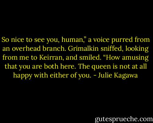 So nice to see you, human,” a voice purred from an overhead branch. Grimalkin sniffed, looking from me to Keirran, and smiled. “How amusing that you are both here. The queen is not at all happy with either of you. - Julie Kagawa
