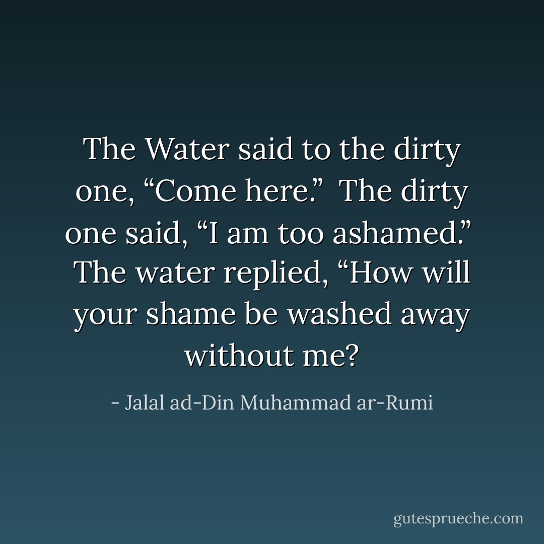The Water said to the dirty one, “Come here.”<br /><br />The dirty one said, “I am too ashamed.”<br /><br />The water replied, “How will your shame be washed away without me? - Jalal ad-Din Muhammad ar-Rumi
