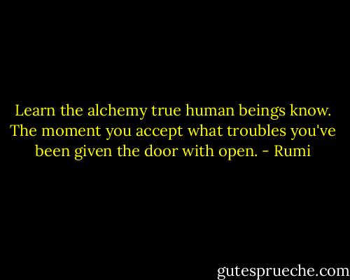 Learn the alchemy true human beings know. The moment you accept what troubles you've been given the door with open. - Rumi