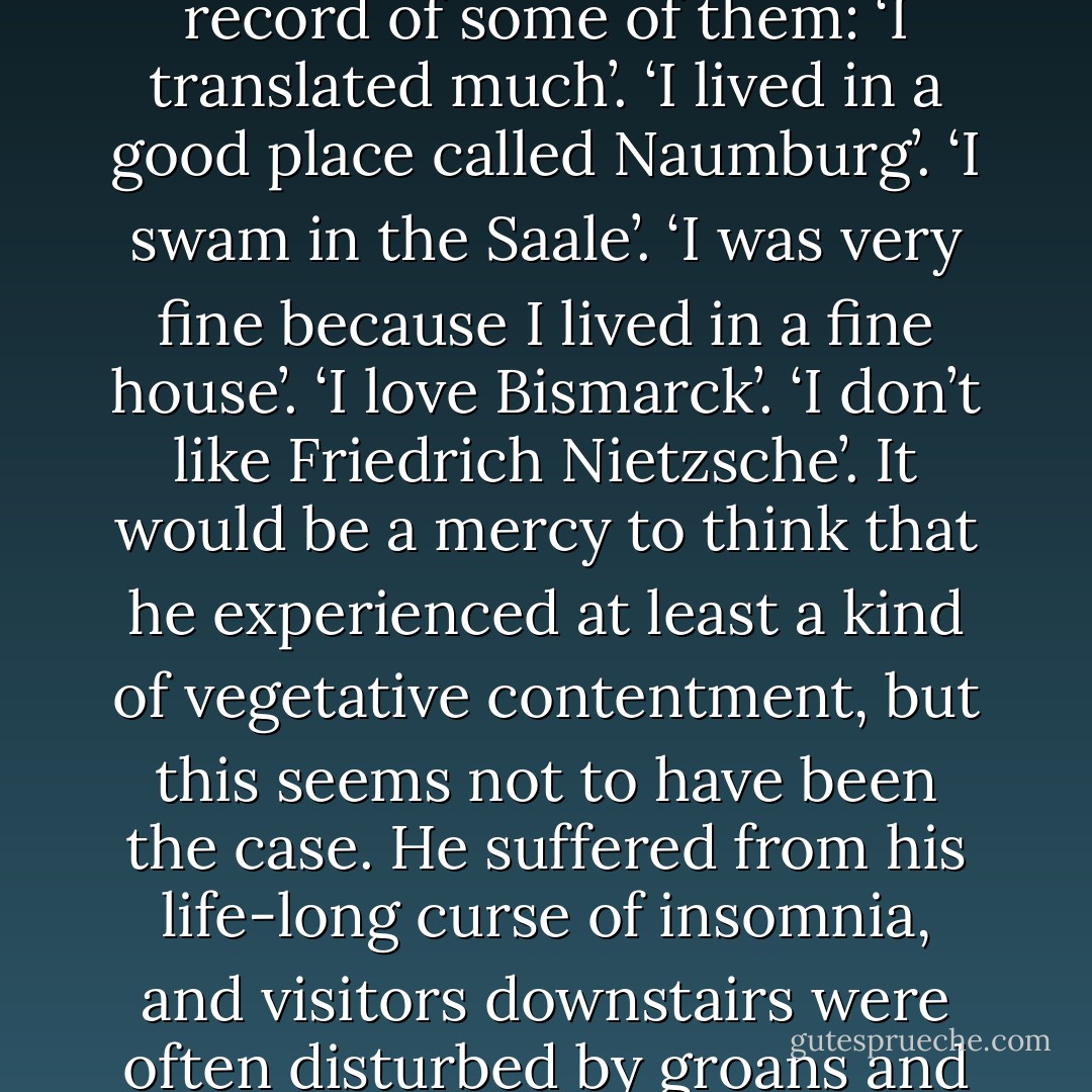 He sank more and more into apathy; little interested him apart from dolls and other children’s toys. He still spoke occasionally, but mainly to produce stock sentences in the style of a brainwashed schoolboy. Franziska made a record of some of them: ‘I translated much’. ‘I lived in a good place called Naumburg’. ‘I swam in the Saale’. ‘I was very fine because I lived in a fine house’. ‘I love Bismarck’. ‘I don’t like Friedrich Nietzsche’. It would be a mercy to think that he experienced at least a kind of vegetative contentment, but this seems not to have been the case. He suffered from his life-long curse of insomnia, and visitors downstairs were often disturbed by groans and howls coming from the upstairs bedroom. Towards the end of Franziska recorded him uttering ‘More light!’ (Goethe’s dying words) and ‘In short, dead!’ suggesting that that is what he wanted to be. - Julian Young