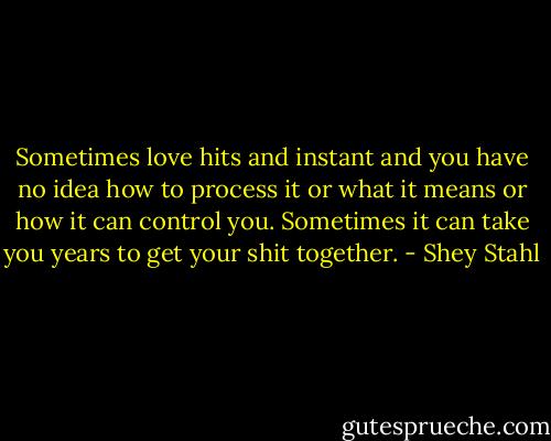 Sometimes love hits and instant and you have no idea how to process it or what it means or how it can control you. Sometimes it can take you years to get your shit together. - Shey Stahl