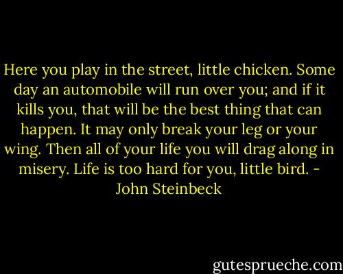 Here you play in the street, little chicken. Some day an automobile will run over you; and if it kills you, that will be the best thing that can happen. It may only break your leg or your wing. Then all of your life you will drag along in misery. Life is too hard for you, little bird. - John Steinbeck