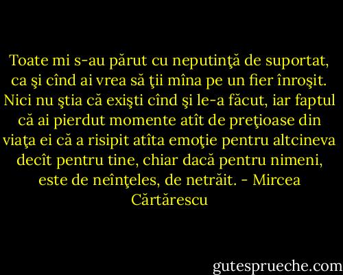 Toate mi s-au părut<br />cu neputinţă de suportat, ca şi cînd ai vrea să ţii mîna pe un fier înroşit.<br />Nici nu ştia că exişti cînd şi le-a făcut, iar faptul că ai pierdut momente<br />atît de preţioase din viaţa ei că a risipit atîta emoţie pentru altcineva<br />decît pentru tine, chiar dacă pentru nimeni, este de neînţeles, de<br />netrăit. - Mircea Cărtărescu