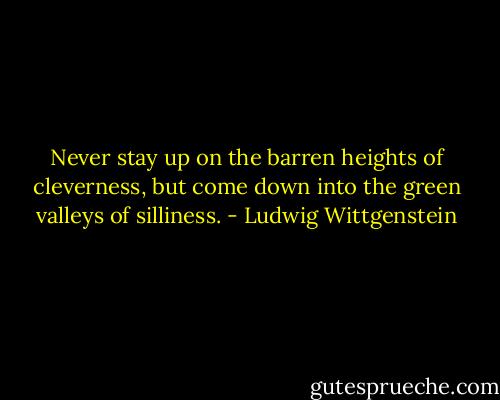 Never stay up on the barren heights of cleverness, but come down into the green valleys of silliness. - Ludwig Wittgenstein
