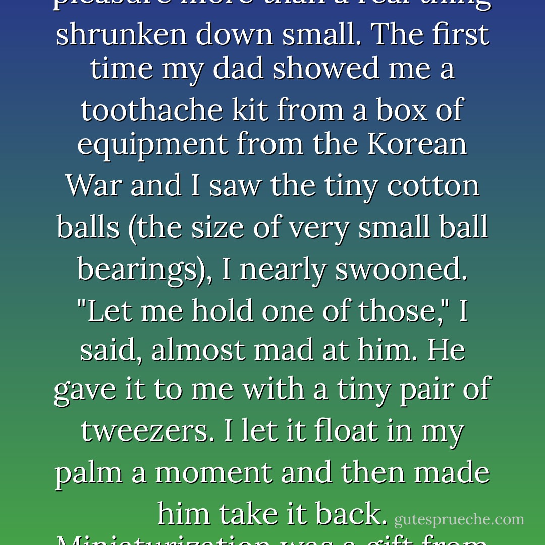 You could buy individual boxes of detergent and fabric softener, even bleach, and there was nothing that made me grind my teeth with pleasure more than a real thing shrunken down small. The first time my dad showed me a toothache kit from a box of equipment from the Korean War and I saw the tiny cotton balls (the size of very small ball bearings), I nearly swooned. "Let me hold one of those," I said, almost mad at him. He gave it to me with a tiny pair of tweezers. I let it float in my palm a moment and then made him take it back. Miniaturization was a gift from God, no doubt about it, and there it was, right in a vending machine in the place we used to do our laundry. - Haven Kimmel