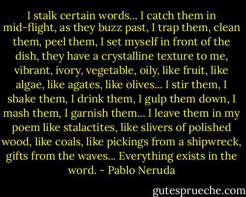 I stalk certain words... I catch them in mid-flight, as they buzz past, I trap them, clean them, peel them, I set myself in front of the dish, they have a crystalline texture to me, vibrant, ivory, vegetable, oily, like fruit, like algae, like agates, like olives... I stir them, I shake them, I drink them, I gulp them down, I mash them, I garnish them... I leave them in my poem like stalactites, like slivers of polished wood, like coals, like pickings from a shipwreck, gifts from the waves... Everything exists in the word. - Pablo Neruda