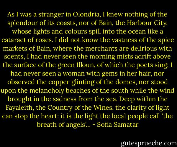 As I was a stranger in Olondria, I knew nothing of the splendour of its coasts, nor of Bain, the Harbour City, whose lights and colours spill into the ocean like a cataract of roses. I did not know the vastness of the spice markets of Bain, where the merchants are delirious with scents, I had never seen the morning mists adrift above the surface of the green Illoun, of which the poets sing; I had never seen a woman with gems in her hair, nor observed the copper glinting of the domes, nor stood upon the melancholy beaches of the south while the wind brought in the sadness from the sea. Deep within the Fayaleith, the Country of the Wines, the clarity of light can stop the heart: it is the light the local people call 'the breath of angels'... - Sofia Samatar