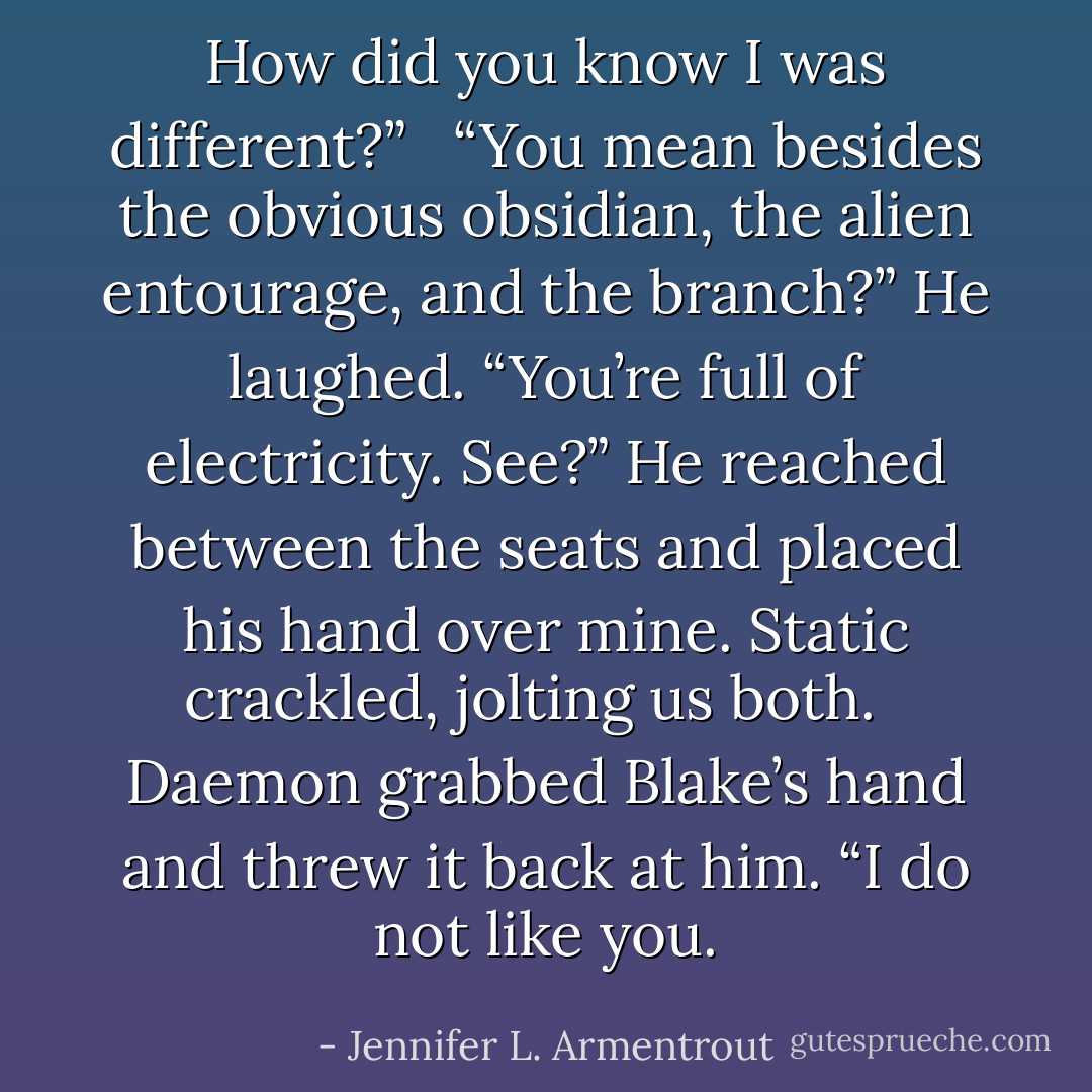 How did you know I was different?” <br /><br />“You mean besides the obvious obsidian, the alien entourage, and the branch?” He laughed. “You’re full of electricity. See?” He reached between the seats and placed his hand over mine. Static crackled, jolting us both.<br /><br /> Daemon grabbed Blake’s hand and threw it back at him. “I do not like you. - Jennifer L. Armentrout