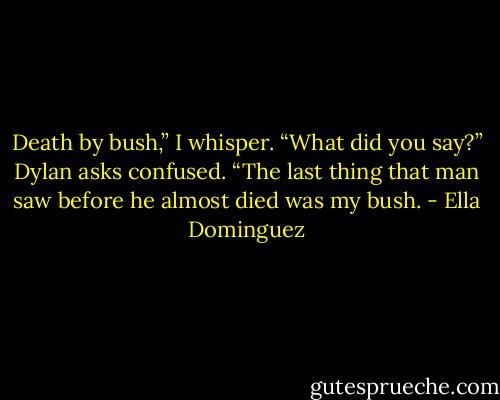 Death by bush,” I whisper.<br />“What did you say?” Dylan asks confused.<br />“The last thing that man saw before he almost died was my bush. - Ella Dominguez