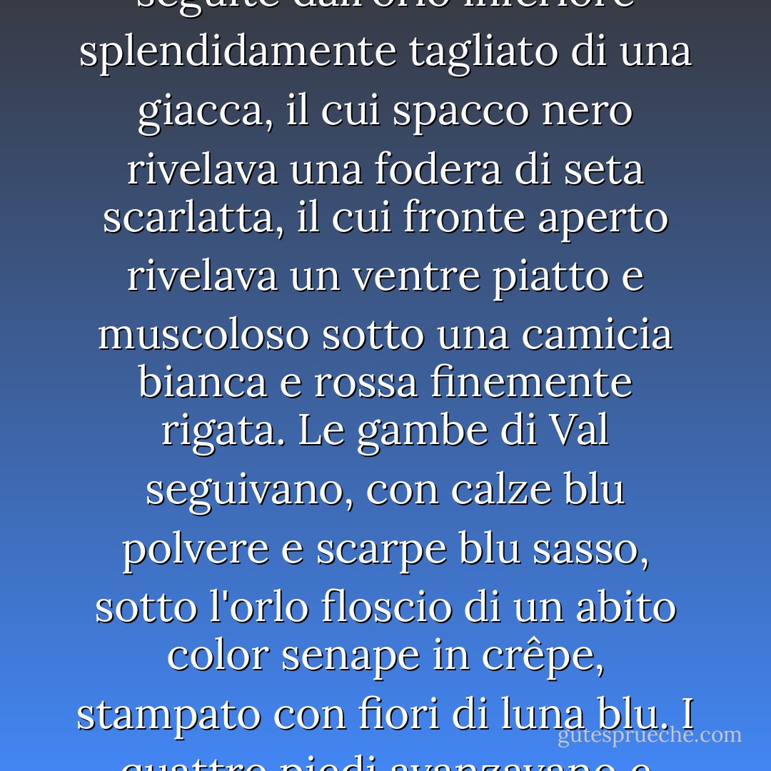 Sopra la sua testa, al livello della strada, vide l'alettone angolato di una Porsche scarlatta, la cui pinna sbarazzina si trovava più o meno sul bordo superiore del telaio della finestra. Apparvero un paio di morbidissime e pulite scarpe nere scintillanti, seguite da gambe di lana leggera gessata carbone opaco impeccabilmente sgualcite, seguite dall'orlo inferiore splendidamente tagliato di una giacca, il cui spacco nero rivelava una fodera di seta scarlatta, il cui fronte aperto rivelava un ventre piatto e muscoloso sotto una camicia bianca e rossa finemente rigata. Le gambe di Val seguivano, con calze blu polvere e scarpe blu sasso, sotto l'orlo floscio di un abito color senape in crêpe, stampato con fiori di luna blu. I quattro piedi avanzavano e indietreggiavano, indietreggiavano e avanzavano, i piedi maschili insistendo verso le scale del seminterrato, i piedi femminili resistendo, parando. Roland aprì la porta e si addentrò nell'area, spinto soprattutto da ciò che lo aveva sempre colpito, la pura curiosità di vedere com'era la metà superiore. - A.S. Byatt