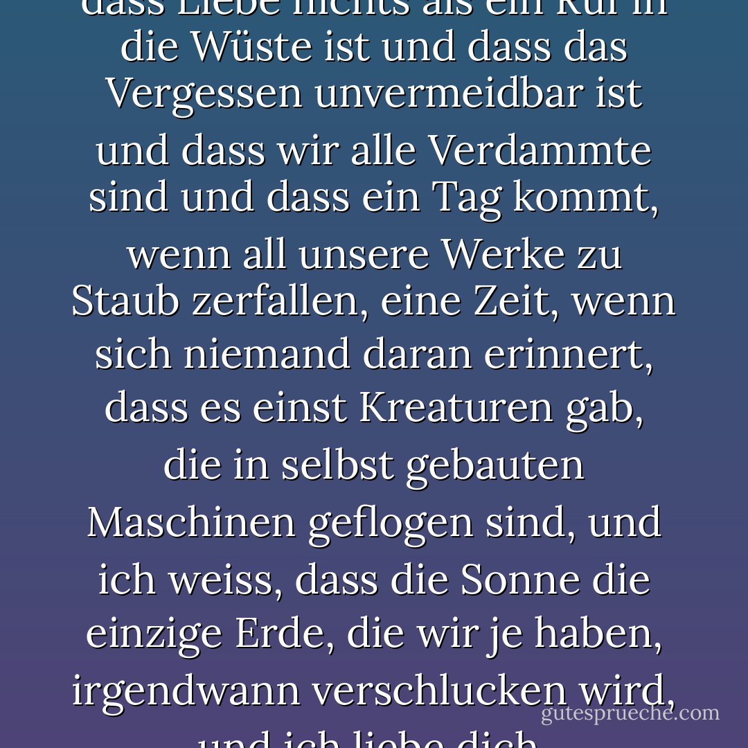 Ich liebe dich, und ich weiss, dass Liebe nichts als ein Ruf in die Wüste ist und dass das Vergessen unvermeidbar ist und dass wir alle Verdammte sind und dass ein Tag kommt, wenn all unsere Werke zu Staub zerfallen, eine Zeit, wenn sich niemand daran erinnert, dass es einst Kreaturen gab, die in selbst gebauten Maschinen geflogen sind, und ich weiss, dass die Sonne die einzige Erde, die wir je haben, irgendwann verschlucken wird, und ich liebe dich. - John Green