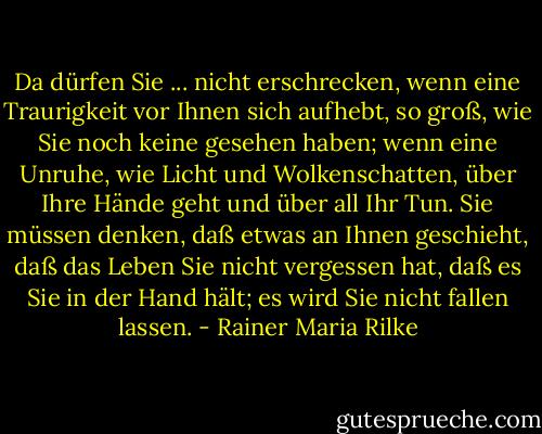Da dürfen Sie ... nicht erschrecken, wenn eine Traurigkeit vor Ihnen sich aufhebt, so groß, wie Sie noch keine gesehen haben; wenn eine Unruhe, wie Licht und Wolkenschatten, über Ihre Hände geht und über all Ihr Tun. Sie müssen denken, daß etwas an Ihnen geschieht, daß das Leben Sie nicht vergessen hat, daß es Sie in der Hand hält; es wird Sie nicht fallen lassen. - Rainer Maria Rilke