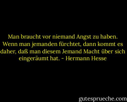 Man braucht vor niemand Angst zu haben. Wenn man jemanden fürchtet, dann kommt es daher, daß man diesem Jemand Macht über sich eingeräumt hat. - Hermann Hesse