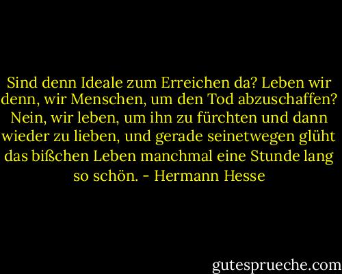 Sind denn Ideale zum Erreichen da? Leben wir denn, wir Menschen, um den Tod abzuschaffen? Nein, wir leben, um ihn zu fürchten und dann wieder zu lieben, und gerade seinetwegen glüht das bißchen Leben manchmal eine Stunde lang so schön. - Hermann Hesse