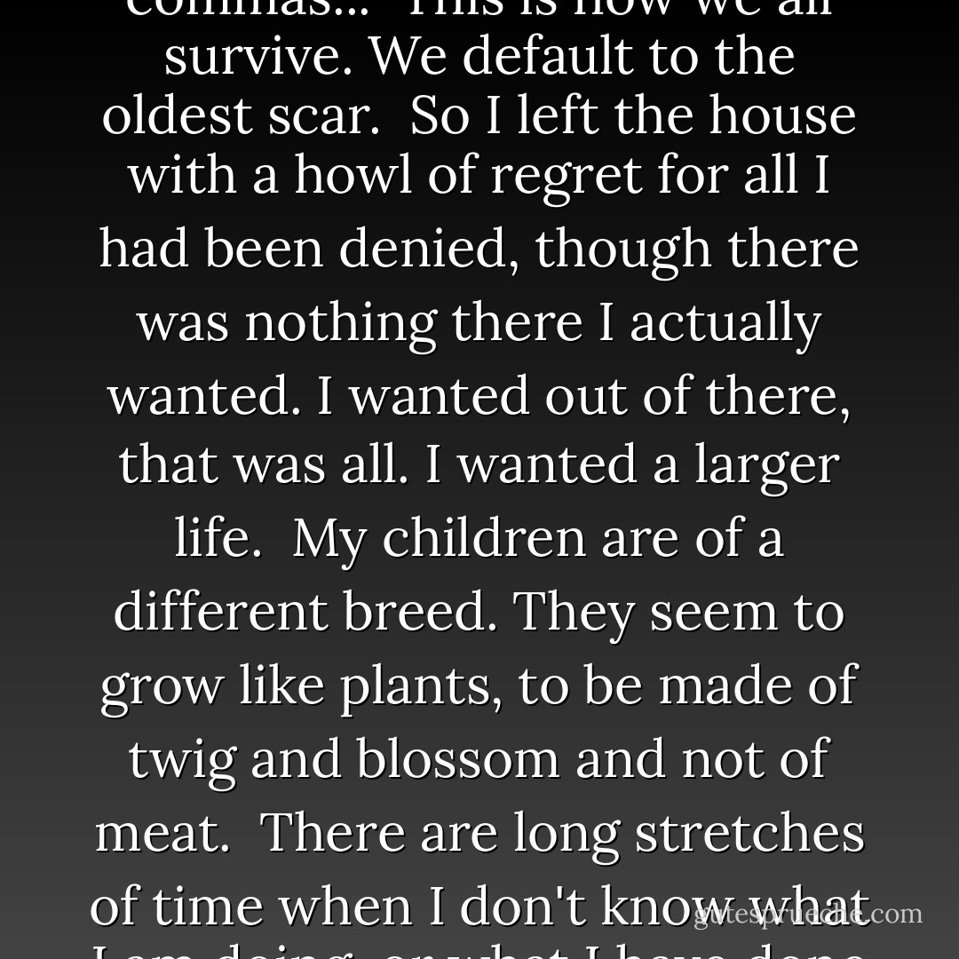 Because a mother's love is God's greatest joke. And besides - who is to say what is the first and what is the final cause?<br /><br />-that I was living my life in inverted commas. I could pick up my keys and go 'home' where I could 'have sex' with my 'husband' just like lots of other people did. And I didn't seem to mind the inverted commas...<br /><br />This is how we all survive. We default to the oldest scar.<br /><br />So I left the house with a howl of regret for all I had been denied, though there was nothing there I actually wanted. I wanted out of there, that was all. I wanted a larger life.<br /><br />My children are of a different breed. They seem to grow like plants, to be made of twig and blossom and not of meat.<br /><br />There are long stretches of time when I don't know what I am doing, or what I have done - nothing mostly, but sometimes it would be nice to know what kind of nothing that was...I try not to drink before half past five, but I always do drink - from the top of the wine bottle to the last, little drop. It is the only way I know to make the day end. - Anne Enright