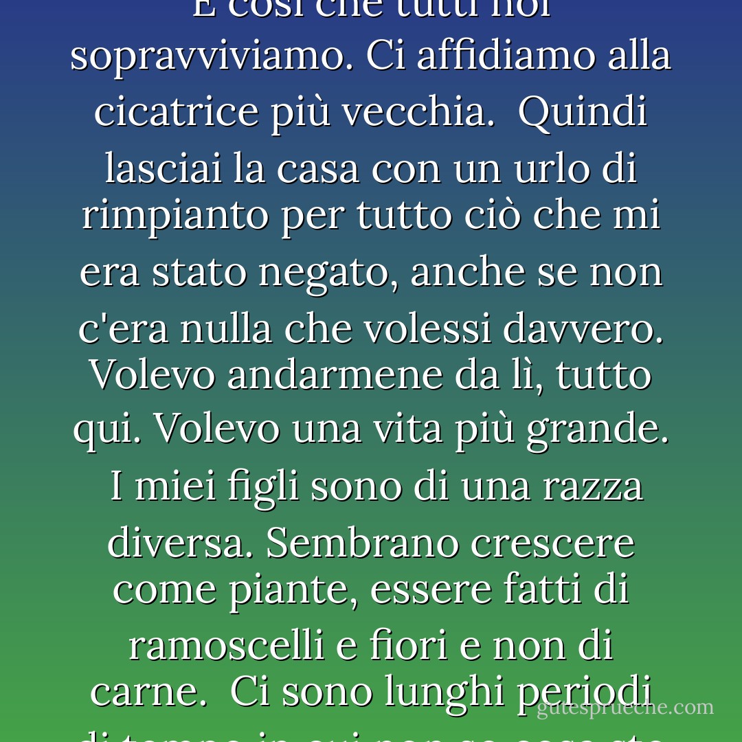 Perché l'amore di una madre è il più grande scherzo di Dio. E poi, chi può dire qual è la causa prima e qual è la causa finale? <br /><br />-che stavo vivendo la mia vita tra virgolette. Potevo prendere le chiavi e andare "a casa" dove potevo "fare sesso" con mio "marito" proprio come facevano tante altre persone. E non mi sembrava che le virgolette mi dessero fastidio...<br /><br />È così che tutti noi sopravviviamo. Ci affidiamo alla cicatrice più vecchia.<br /><br />Quindi lasciai la casa con un urlo di rimpianto per tutto ciò che mi era stato negato, anche se non c'era nulla che volessi davvero. Volevo andarmene da lì, tutto qui. Volevo una vita più grande.<br /><br />I miei figli sono di una razza diversa. Sembrano crescere come piante, essere fatti di ramoscelli e fiori e non di carne.<br /><br />Ci sono lunghi periodi di tempo in cui non so cosa sto facendo, o cosa ho fatto - niente, per lo più, ma a volte sarebbe bello sapere che tipo di niente era... Cerco di non bere prima delle cinque e mezza, ma bevo sempre - dall'inizio della bottiglia di vino fino all'ultima, piccola goccia. È l'unico modo che conosco per far finire la giornata. - Anne Enright