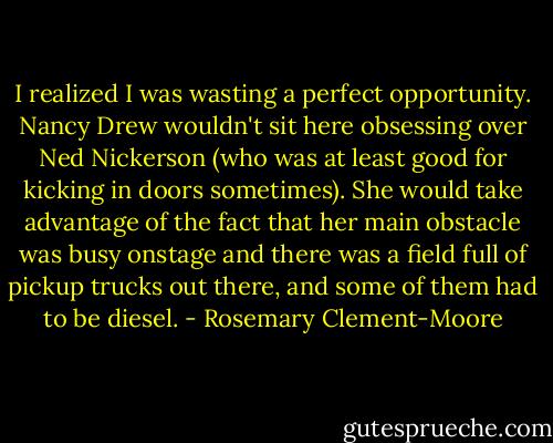 I realized I was wasting a perfect opportunity. Nancy Drew wouldn't sit here obsessing over Ned Nickerson (who was at least good for kicking in doors sometimes). She would take advantage of the fact that her main obstacle was busy onstage and there was a field full of pickup trucks out there, and some of them had to be diesel. - Rosemary Clement-Moore