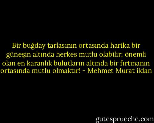 Bir buğday tarlasının ortasında harika bir güneşin altında herkes mutlu olabilir; önemli olan en karanlık bulutların altında bir fırtınanın ortasında mutlu olmaktır! - Mehmet Murat ildan