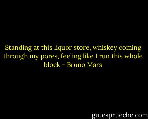 Standing at this liquor store, whiskey coming through my pores, feeling like I run this whole block - Bruno Mars