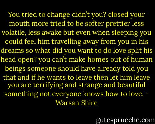 You tried to change didn’t you?<br />closed your mouth more<br />tried to be softer<br />prettier<br />less volatile, less awake<br />but even when sleeping you could feel<br />him travelling away from you in his dreams<br />so what did you want to do love<br />split his head open?<br />you can’t make homes out of human beings<br />someone should have already told you that<br />and if he wants to leave<br />then let him leave<br />you are terrifying<br />and strange and beautiful<br />something not everyone knows how to love. - Warsan Shire