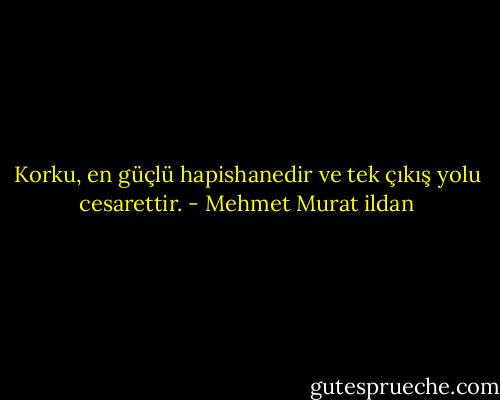 Korku, en güçlü hapishanedir ve tek çıkış yolu cesarettir. - Mehmet Murat ildan
