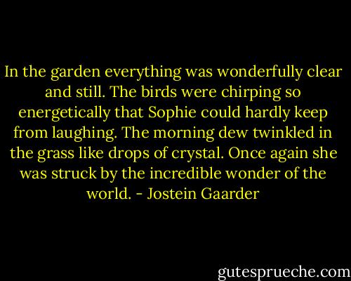 In the garden everything was wonderfully clear and still. The birds were chirping so energetically that Sophie could hardly keep from laughing. The morning dew twinkled in the grass like drops of crystal. Once again she was struck by the incredible wonder of the world. - Jostein Gaarder
