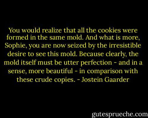 You would realize that all the cookies were formed in the same mold. And what is more, Sophie, you are now seized by the irresistible desire to see this mold. Because clearly, the mold itself must be utter perfection - and in a sense, more beautiful - in comparison with these crude copies. - Jostein Gaarder