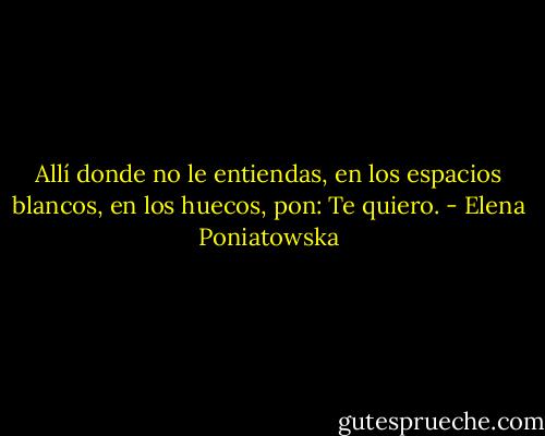Allí donde no le entiendas, en los espacios blancos, en los huecos, pon: Te quiero. - Elena Poniatowska