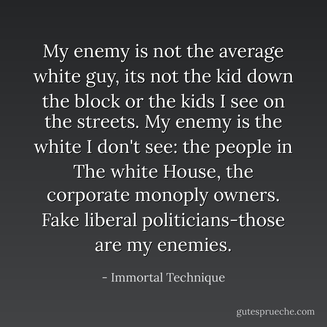 My enemy is not the average white guy, its not the kid down the block or the kids I see on the streets. My enemy is the white I don't see: the people in The white House, the corporate monoply owners. Fake liberal politicians-those are my enemies. - Immortal Technique