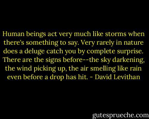 Human beings act very much like storms when there's something to say. Very rarely in nature does a deluge catch you by complete surprise. There are the signs before--the sky darkening, the wind picking up, the air smelling like rain even before a drop has hit. - David Levithan
