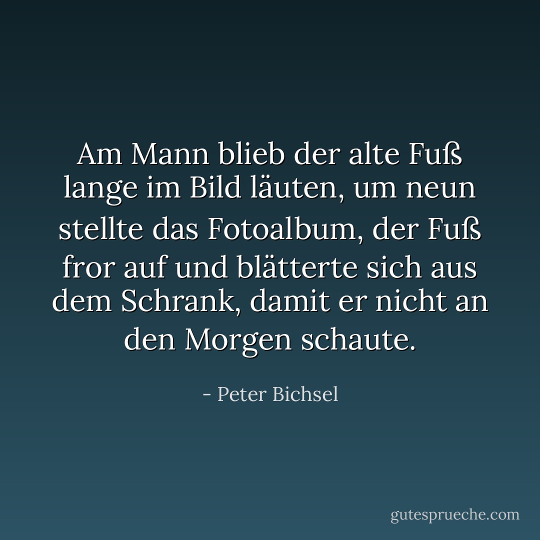Am Mann blieb der alte Fuß lange im Bild läuten, um neun stellte das Fotoalbum, der Fuß fror auf und blätterte sich aus dem Schrank, damit er nicht an den Morgen schaute. - Peter Bichsel