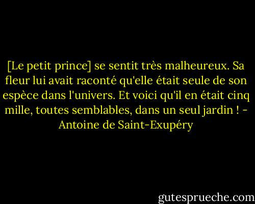 [Le petit prince] se sentit très malheureux. Sa fleur lui avait raconté qu'elle était seule de son espèce dans l'univers. Et voici qu'il en était cinq mille, toutes semblables, dans un seul jardin ! - Antoine de Saint-Exupéry